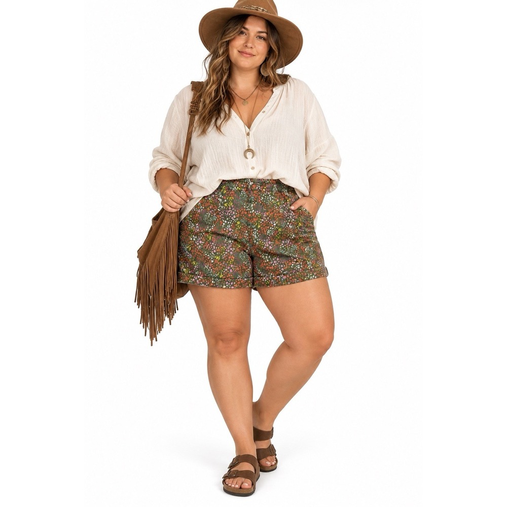 Lands End Pull On Chino Shorts 22W Plus Brown Floral Elastic Waist Stretch Boho